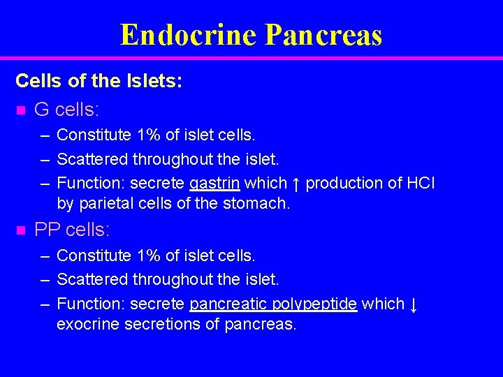 Endocrine Pancreas Cells of the Islets: n G cells: – – – n Constitute