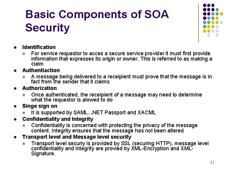 Basic Components of SOA Security l l l Identification l For service requestor to