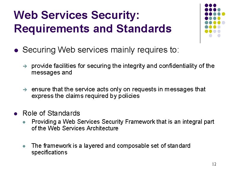 Web Services Security: Requirements and Standards l l Securing Web services mainly requires to: