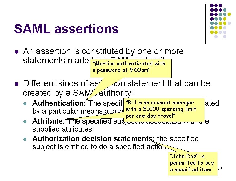 SAML assertions l An assertion is constituted by one or more statements made by