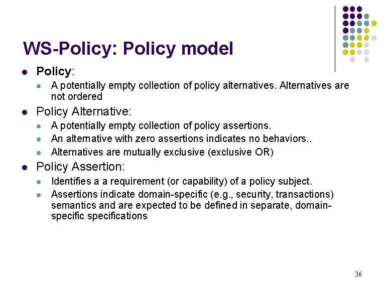 WS-Policy: Policy model l Policy: l l Policy Alternative: l l A potentially empty