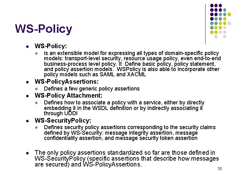 WS-Policy l WS-Policy: l l WS-Policy. Assertions: l l Defines how to associate a