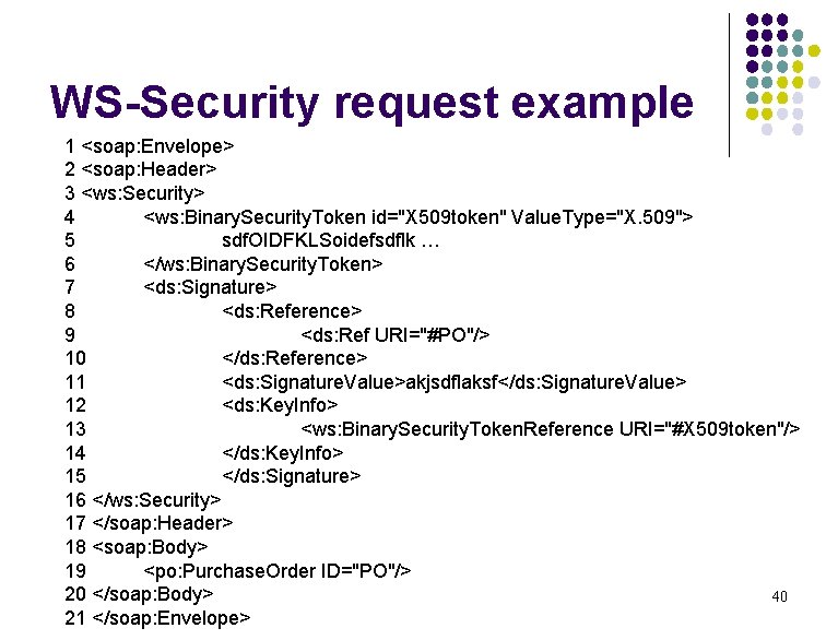 WS-Security request example 1 <soap: Envelope> 2 <soap: Header> 3 <ws: Security> 4 <ws: