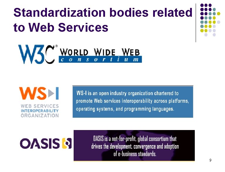 Standardization bodies related to Web Services 9 