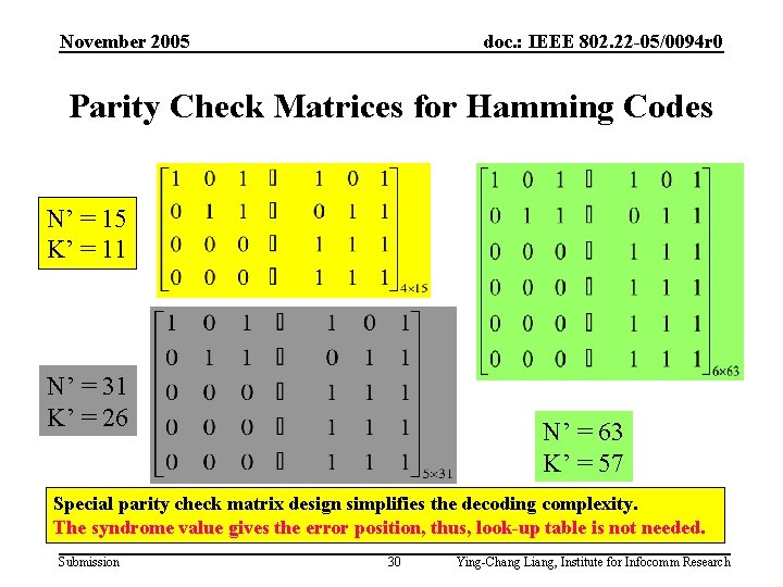 November 2005 doc. : IEEE 802. 22 -05/0094 r 0 Parity Check Matrices for