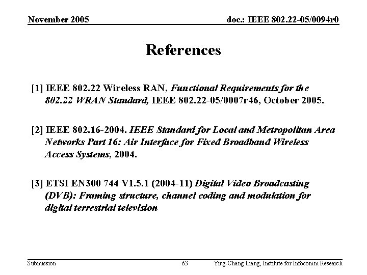 November 2005 doc. : IEEE 802. 22 -05/0094 r 0 References [1] IEEE 802.