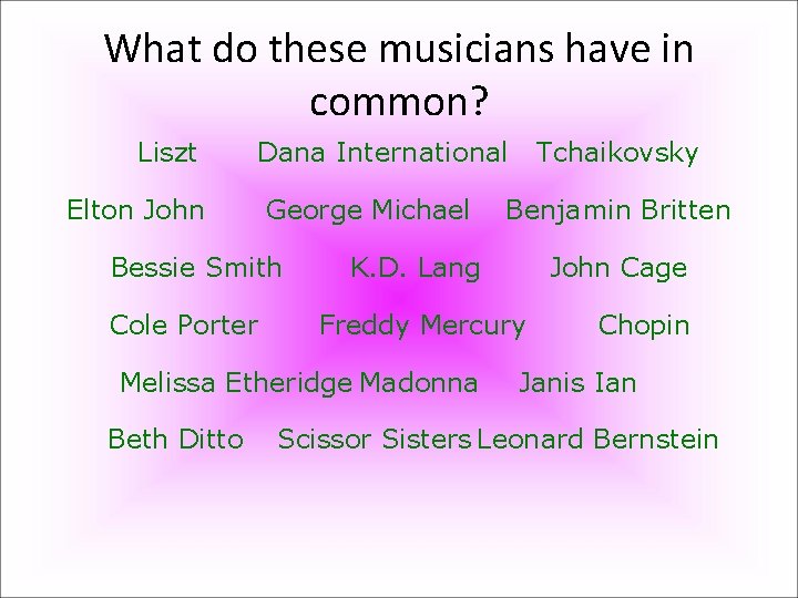 What do these musicians have in common? Liszt Dana International Elton John George Michael