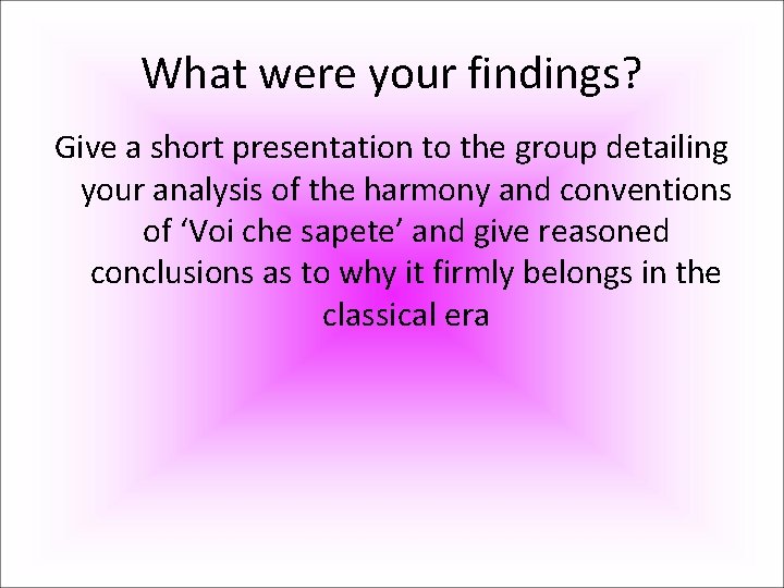What were your findings? Give a short presentation to the group detailing your analysis