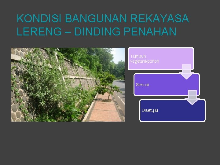 KONDISI BANGUNAN REKAYASA LERENG – DINDING PENAHAN Tumbuh vegetasi/pohon Sesuai Disetujui 