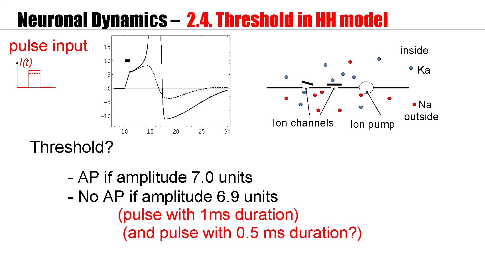 Neuronal Dynamics – 2. 4. Threshold in HH model pulse input inside I(t) Ka