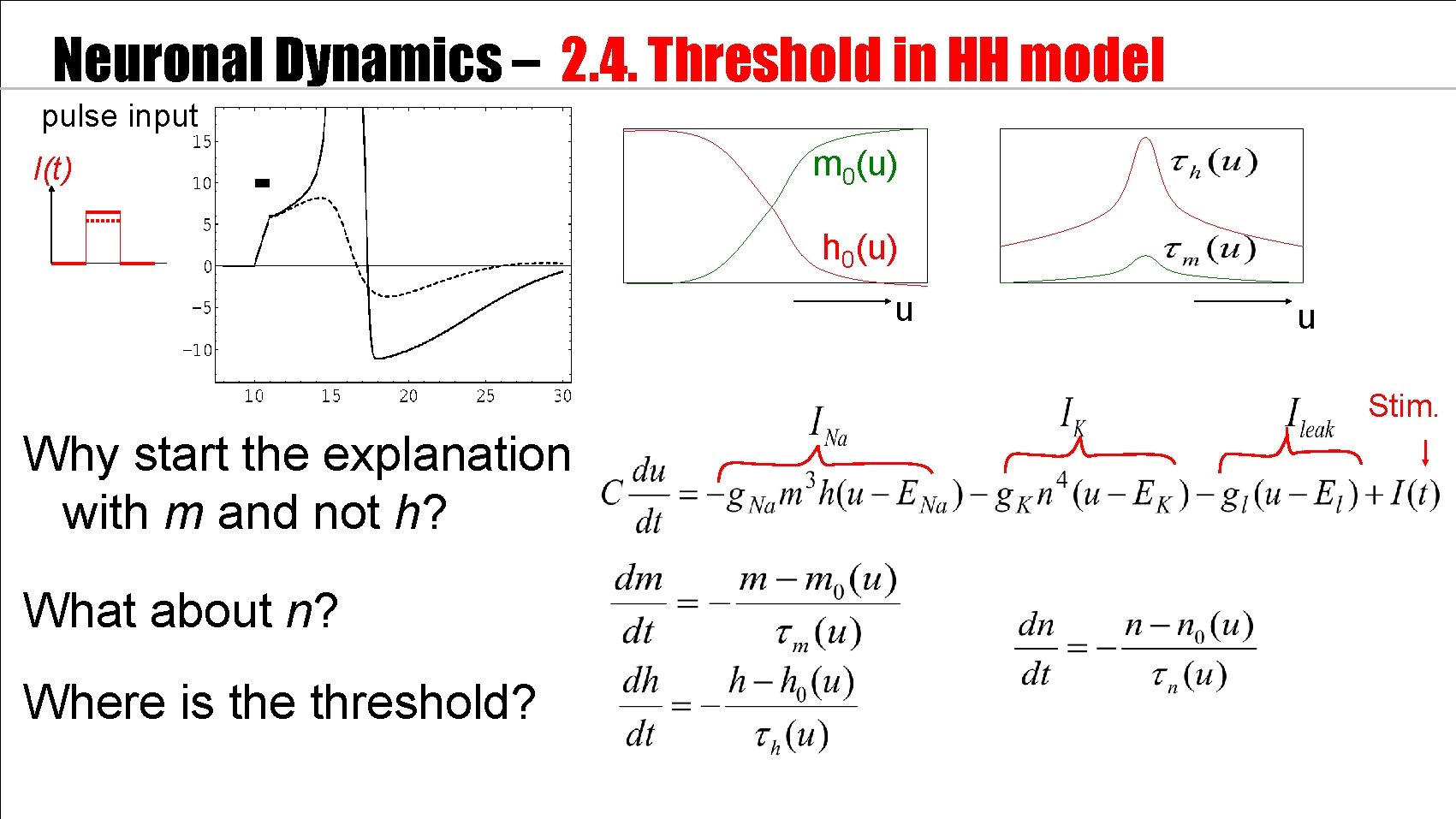 Neuronal Dynamics – 2. 4. Threshold in HH model pulse input I(t) m 0(u)