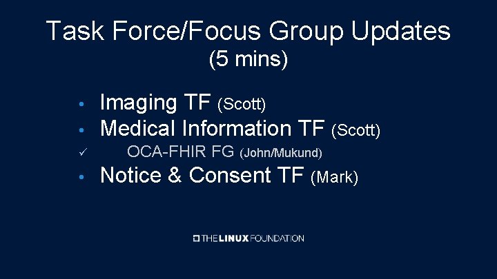 Task Force/Focus Group Updates (5 mins) • Imaging TF (Scott) Medical Information TF (Scott)