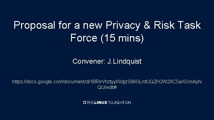Proposal for a new Privacy & Risk Task Force (15 mins) Convener: J. Lindquist