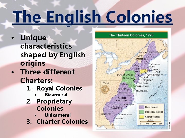 The English Colonies • Unique characteristics shaped by English origins • Three different Charters: The English Colonies • Unique characteristics shaped by English origins • Three different Charters: