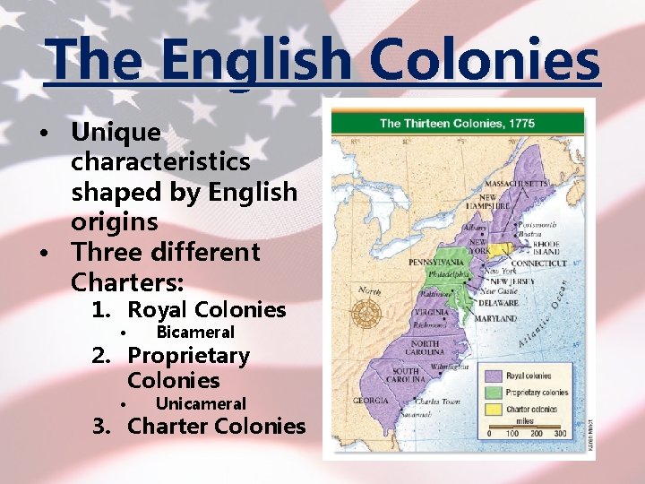 The English Colonies • Unique characteristics shaped by English origins • Three different Charters: