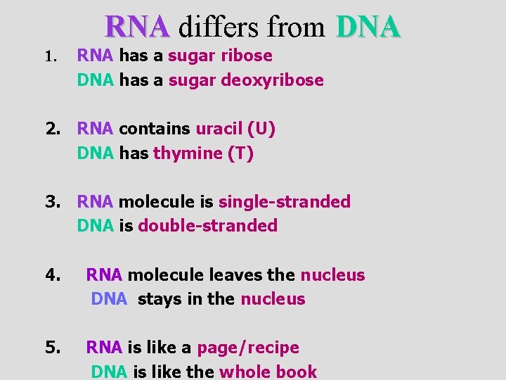 RNA differs from DNA 1. RNA has a sugar ribose DNA has a sugar