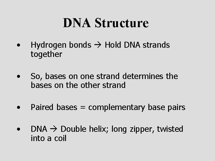 DNA Structure • Hydrogen bonds Hold DNA strands together • So, bases on one