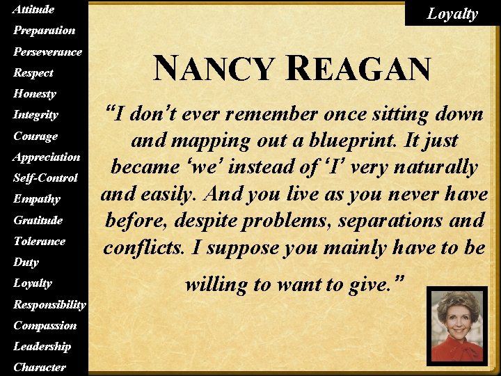 Attitude Loyalty Preparation Perseverance Respect Honesty Integrity Courage Appreciation Self-Control Empathy Gratitude Tolerance Duty