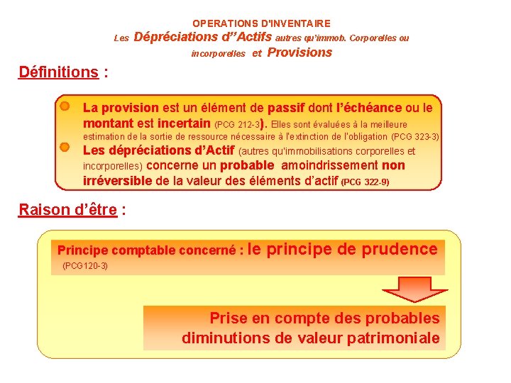 OPERATIONS D'INVENTAIRE Les Dépréciations d’’Actifs autres qu’immob. Corporelles ou incorporelles et Provisions Définitions :