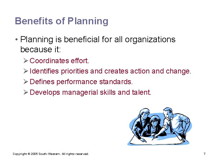 Benefits of Planning • Planning is beneficial for all organizations because it: Ø Coordinates