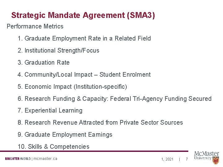Strategic Mandate Agreement (SMA 3) Performance Metrics 1. Graduate Employment Rate in a Related