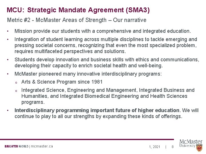 MCU: Strategic Mandate Agreement (SMA 3) Metric #2 - Mc. Master Areas of Strength