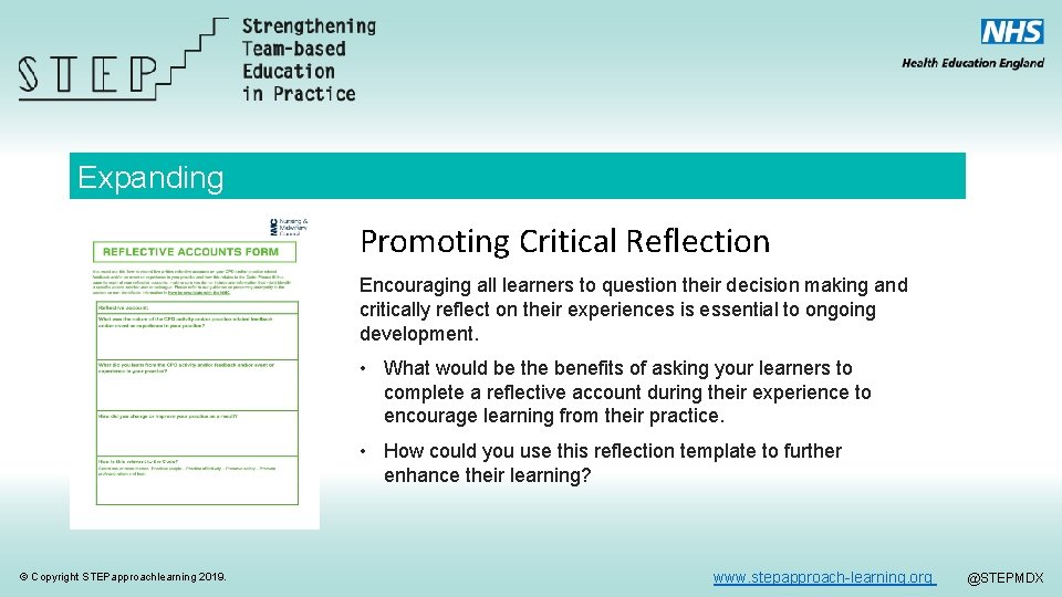 Expanding Promoting Critical Reflection Encouraging all learners to question their decision making and critically