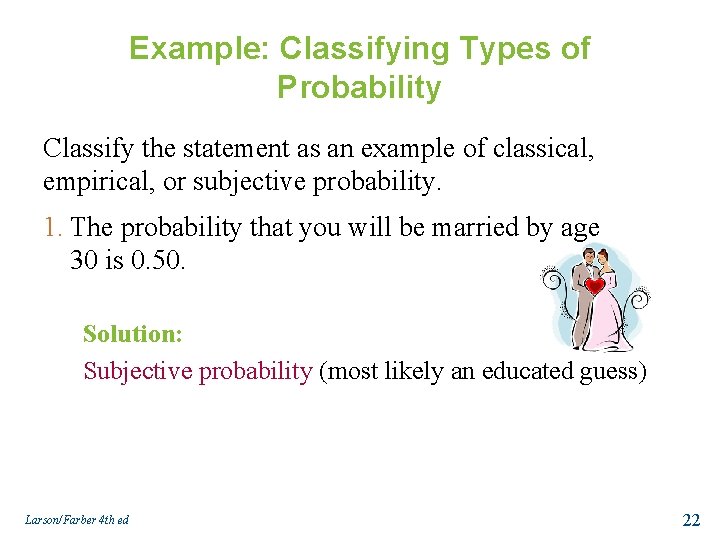 Example: Classifying Types of Probability Classify the statement as an example of classical, empirical,