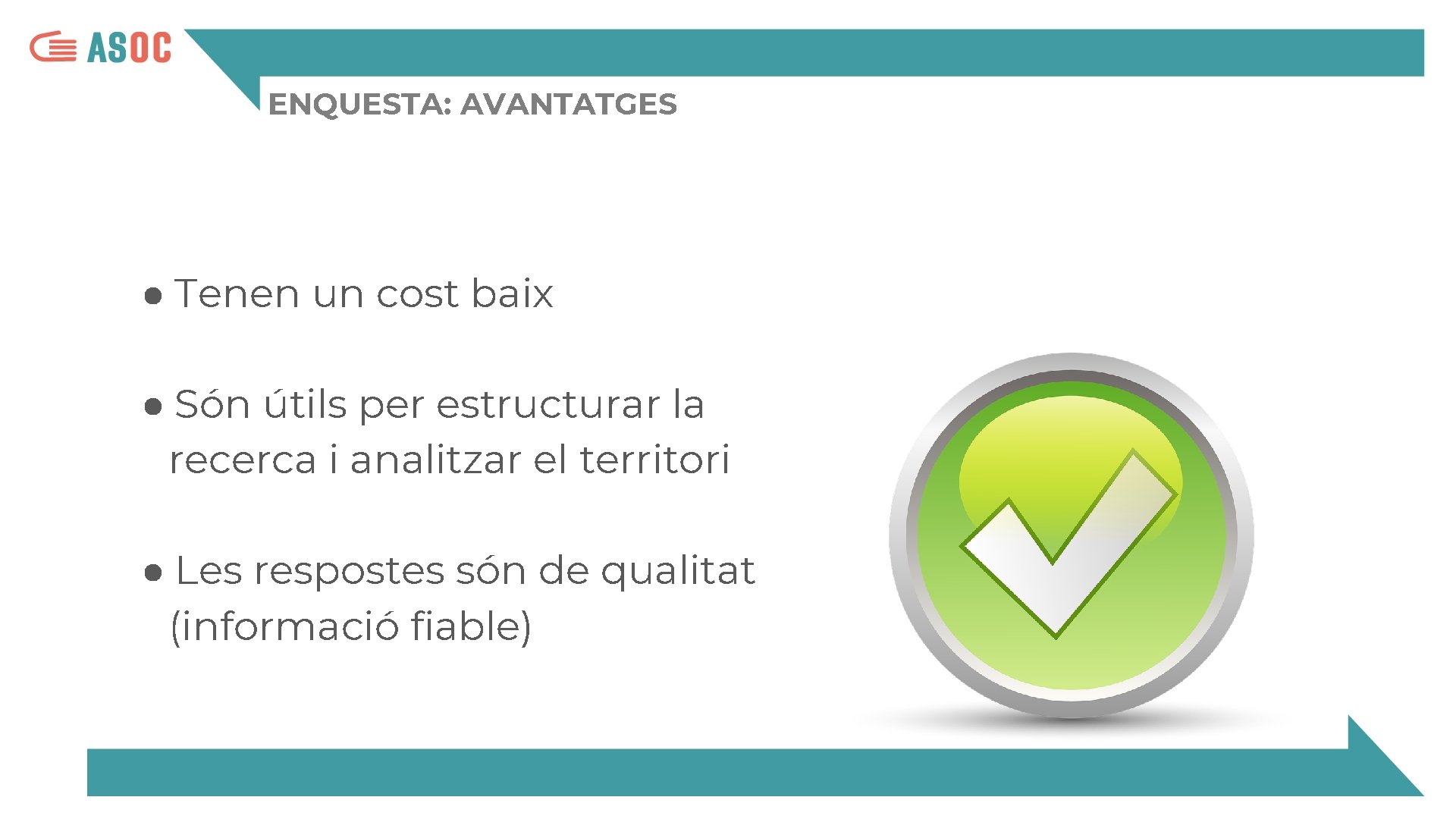 ENQUESTA: AVANTATGES ● Tenen un cost baix ● Són útils per estructurar la recerca