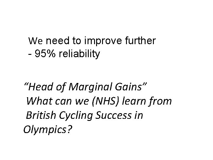 We need to improve further - 95% reliability “Head of Marginal Gains” What can