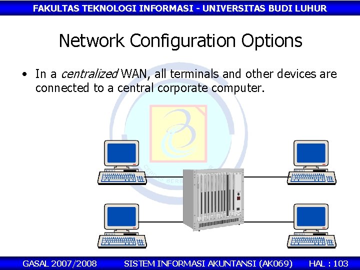 FAKULTAS TEKNOLOGI INFORMASI - UNIVERSITAS BUDI LUHUR Network Configuration Options • In a centralized