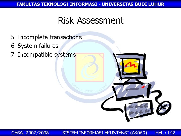 FAKULTAS TEKNOLOGI INFORMASI - UNIVERSITAS BUDI LUHUR Risk Assessment 5 Incomplete transactions 6 System