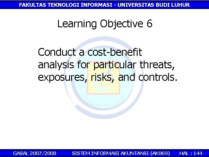 FAKULTAS TEKNOLOGI INFORMASI - UNIVERSITAS BUDI LUHUR Learning Objective 6 Conduct a cost-benefit analysis