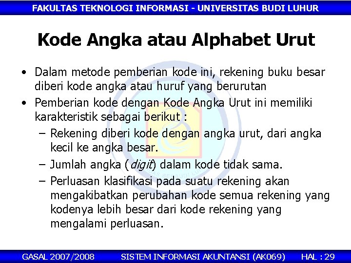 FAKULTAS TEKNOLOGI INFORMASI - UNIVERSITAS BUDI LUHUR Kode Angka atau Alphabet Urut • Dalam