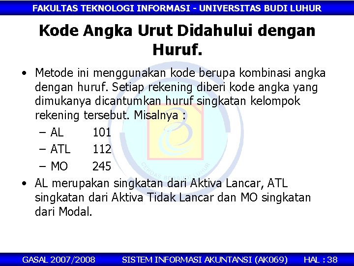 FAKULTAS TEKNOLOGI INFORMASI - UNIVERSITAS BUDI LUHUR Kode Angka Urut Didahului dengan Huruf. •