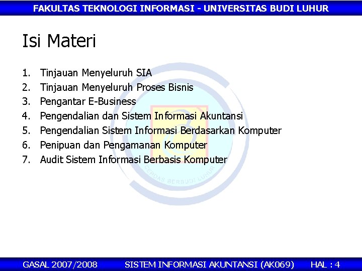 FAKULTAS TEKNOLOGI INFORMASI - UNIVERSITAS BUDI LUHUR Isi Materi 1. 2. 3. 4. 5.