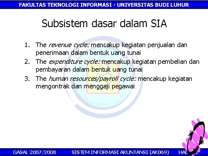 FAKULTAS TEKNOLOGI INFORMASI - UNIVERSITAS BUDI LUHUR Subsistem dasar dalam SIA 1. The revenue