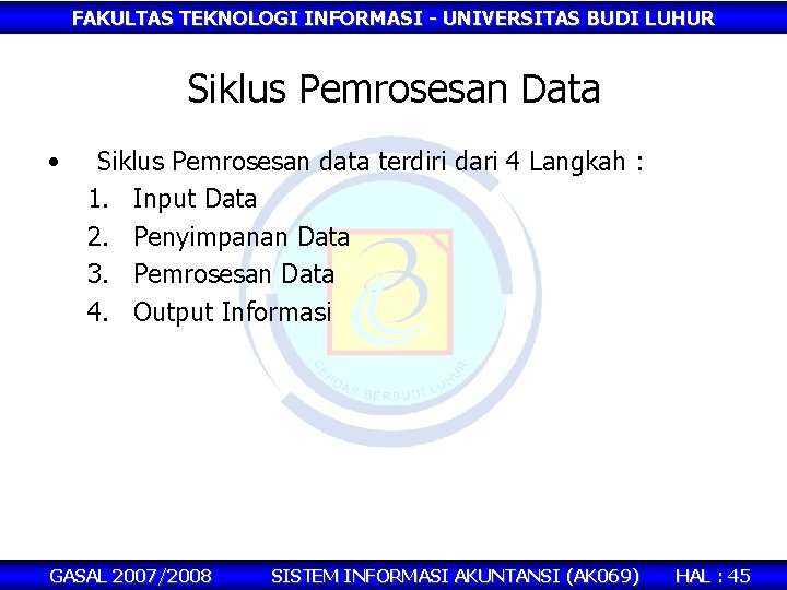 FAKULTAS TEKNOLOGI INFORMASI - UNIVERSITAS BUDI LUHUR Siklus Pemrosesan Data • Siklus Pemrosesan data