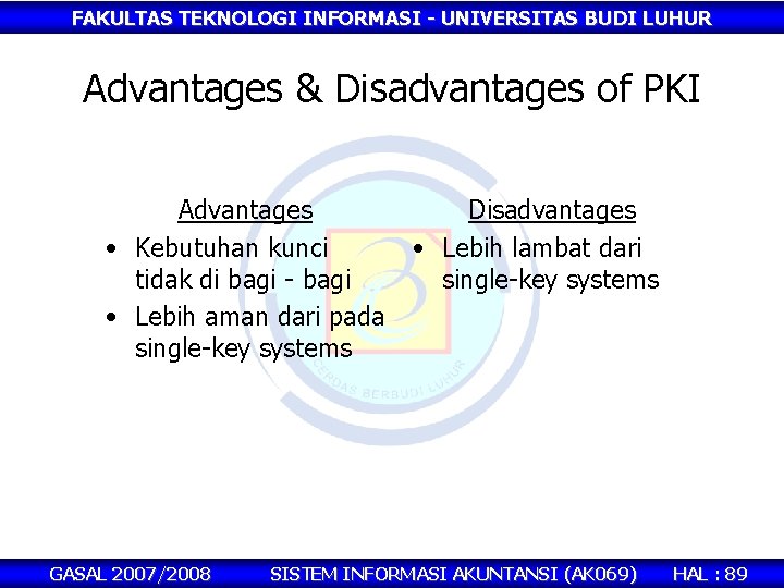 FAKULTAS TEKNOLOGI INFORMASI - UNIVERSITAS BUDI LUHUR Advantages & Disadvantages of PKI Advantages •