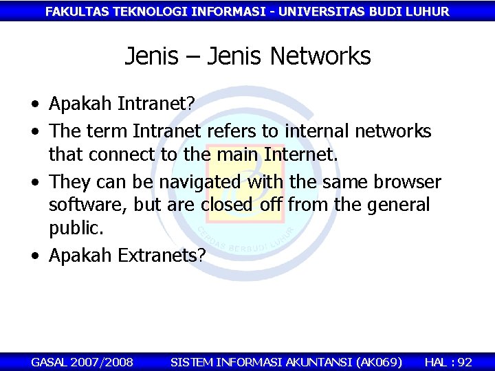 FAKULTAS TEKNOLOGI INFORMASI - UNIVERSITAS BUDI LUHUR Jenis – Jenis Networks • Apakah Intranet?