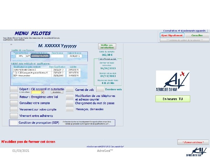 M. XXXXXX Yyyyyyy En heures TU 01/03/2021 Aéro. Gest™ 
