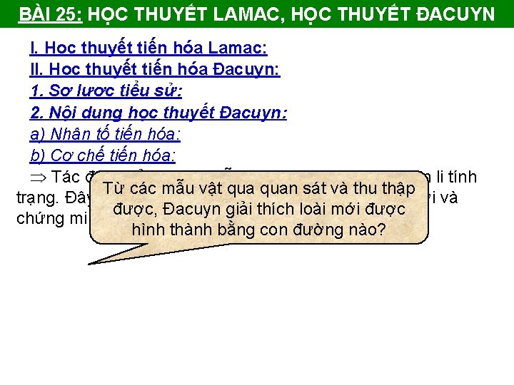 BÀI 25: HỌC THUYẾT LAMAC, HỌC THUYẾT ĐACUYN I. Học thuyết tiến hóa Lamac: