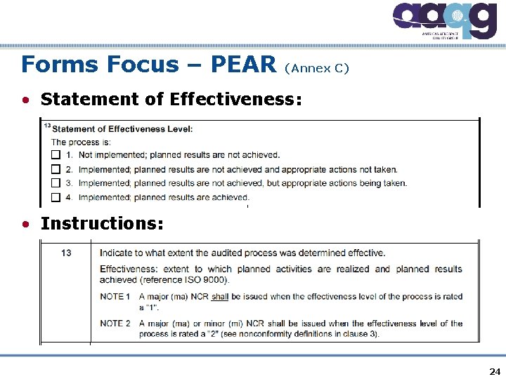 Forms Focus – PEAR (Annex C) • Statement of Effectiveness: • Instructions: 24 