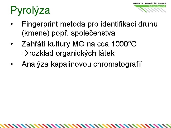 Pyrolýza • • • Fingerprint metoda pro identifikaci druhu (kmene) popř. společenstva Zahřátí kultury