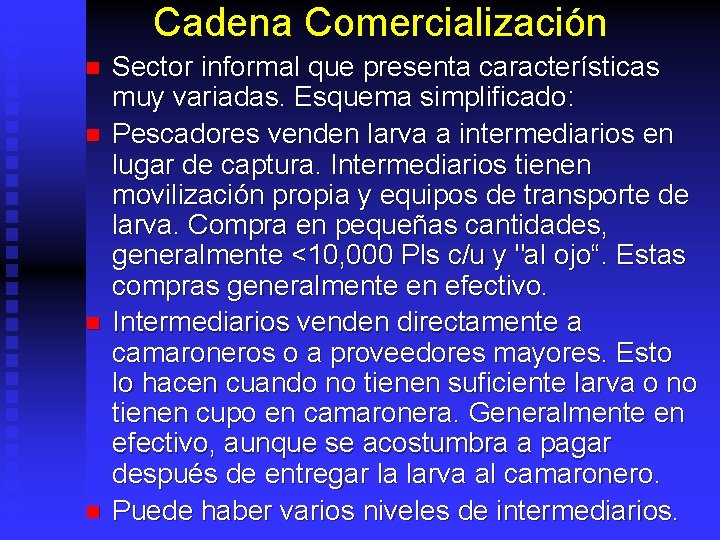 Cadena Comercialización n n Sector informal que presenta características muy variadas. Esquema simplificado: Pescadores