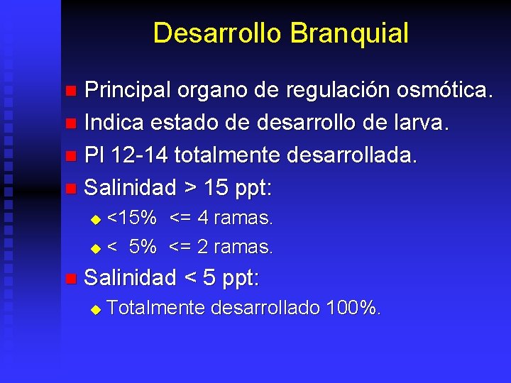 Desarrollo Branquial Principal organo de regulación osmótica. n Indica estado de desarrollo de larva.
