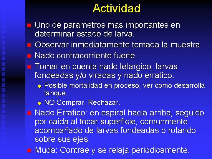 Actividad n n Uno de parametros mas importantes en determinar estado de larva. Observar