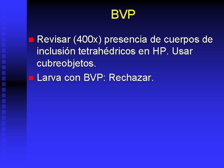 BVP Revisar (400 x) presencia de cuerpos de inclusión tetrahédricos en HP. Usar cubreobjetos.