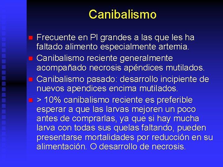 Canibalismo n n Frecuente en Pl grandes a las que les ha faltado alimento