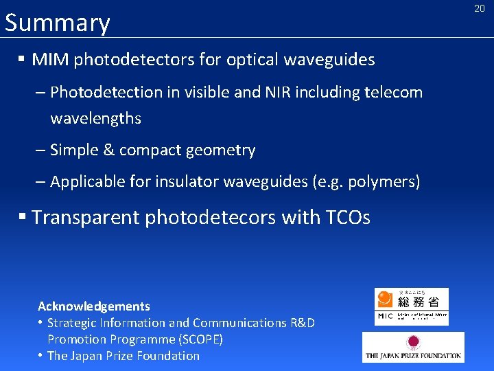 Summary § MIM photodetectors for optical waveguides – Photodetection in visible and NIR including